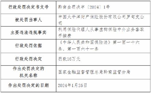 监管重拳出击 虚构保险中介业务套取手续费，太保产险两分支机构合计被罚36万元